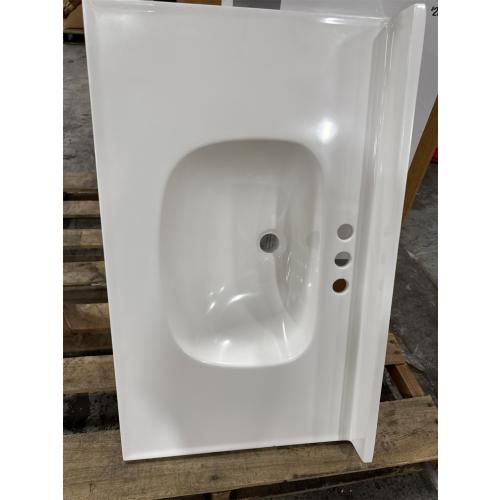 Vanity Top Sink. Backsplash, Cultured Marble, Stain-Resistant, Pre-Drilled Centerset Holes, White, 30.3/8 x 18.1/2.