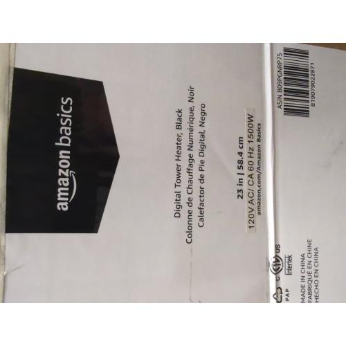 Amazon Basics Oscillating Tower Heater, With Digital Display, Remote Control, Timer, Over-Heat and Tip-Over Protection, Room Temperature Sensor, 2 Heat Settings, 1500W, Black, 8.6D x 8.6W x 23H