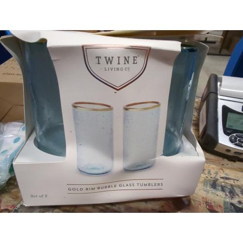 Twine Aqua Bubble Gold Rim Glass Tumblers, Set of 2, 16 Oz - Blue