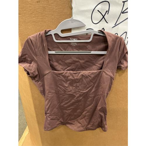 MEDIUM PUMIEY Women's Crew Neck Short Sleeve Tops Double Lined Slim Fit T Shirts Basic Tee Smoke Cloud Pro Collection