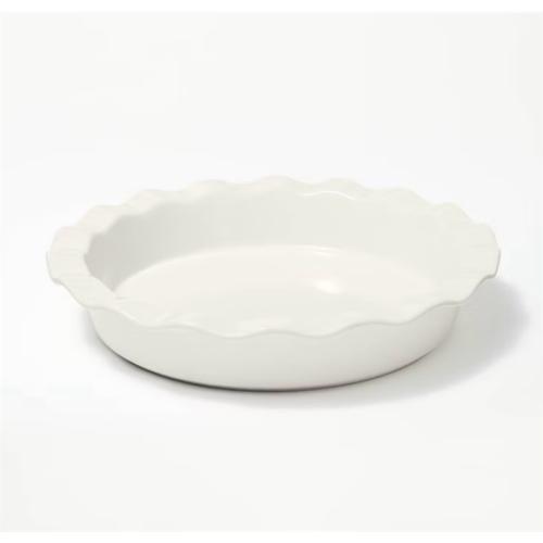 70x70 Tablecloth Navy Striped & 9 Round Stoneware Ruffle Pie Dish Cream