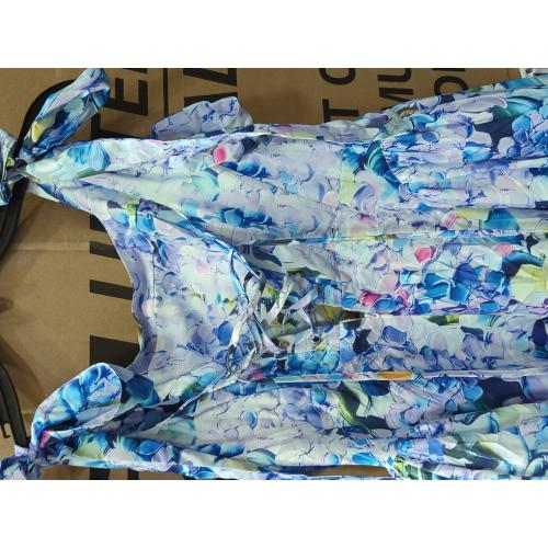 Blue Medium Women Floral Print Square Collar Lace-up Sling Long Backless Hollow Boho Hem Maxi Dress