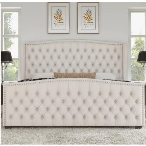 King DuJuan Deep Button Tufted Upholstered King Bed with Nailhead Trim Wingback Headboard, Cream
