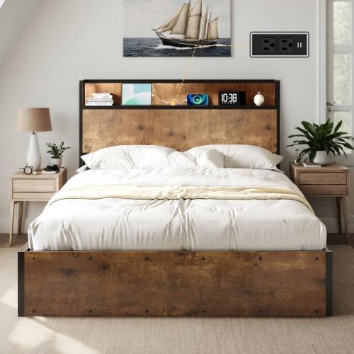 Sheila Lift Up Storage Full Bedframe & Charging Station Rustic Brown