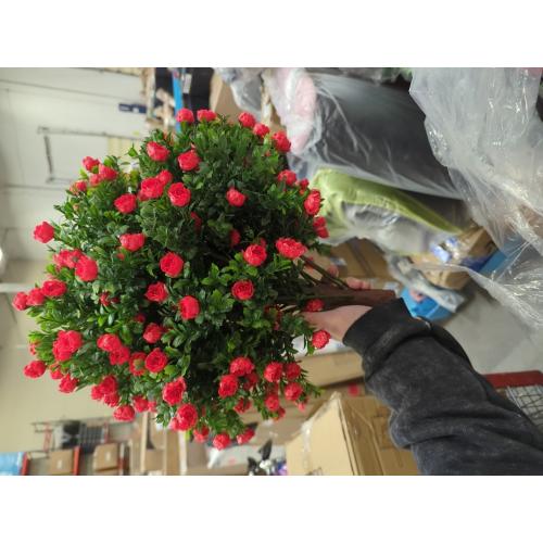 Set of 2 Artificial Boxwood Topiary Ball Trees with Red Flowers for Outdoor with Ground Spike 22, UV Resistant Faux Greenery Shrubs, Fake Plants for Garden, Yard, Porch, Patio Valentine's Day Decor