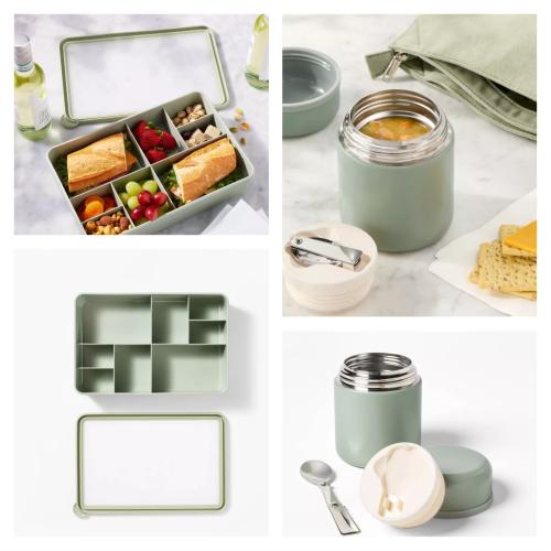 13.5oz Double Walled Stainless Steel Vacuum Food Jar with(no Spoon )Green - Figmint™ & 8 Compartment Large Plastic Snack Bento Box Sage Green - Figmint™: Recycled PET, Dishwasher & Microwave Safe