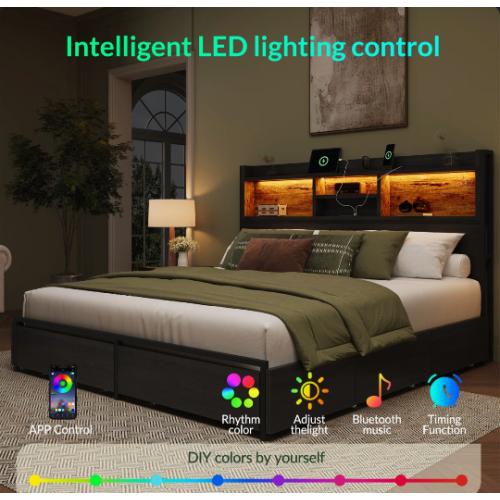 Queen Bed With 6 Storage Drawers & Headboard, Platform Bed With Led Lights & Charging Station, Black