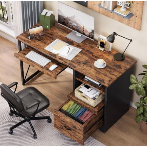 Rectangular Rustic Brown Reversible Office Desk with Drawer and Pull-Out Shelf, Writing Desk with Keyboard Tray