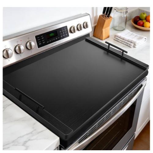Noodle Board Stove Cover with Handles, Wood Stove Top Covers for Electric Stove and Gas Burners, Wooden Decorative Serving Tray Kitchen Sink Cover for Counter Space (Black)