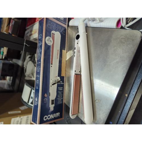 Conair Double Ceramic Flat Iron, 1-Inch Flat Iron Hair Straightener, Five Heat Settings, Extra Long Floating Plates, White