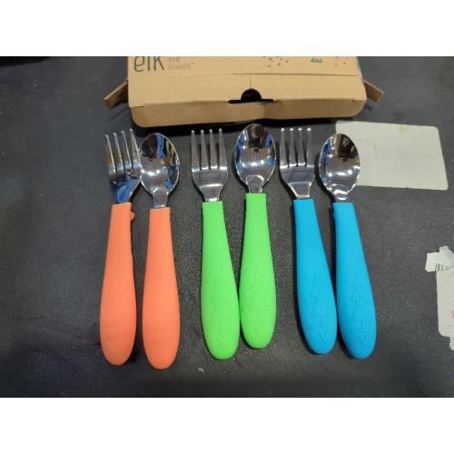 Blue Orange and Green 6 Pc Set Elk and Friends Kids Silverware with Silicone Handle | Childrens Safe Flatware | Toddler Utensils | Baby Spoons   Forks | Stainless Steel Cutlery