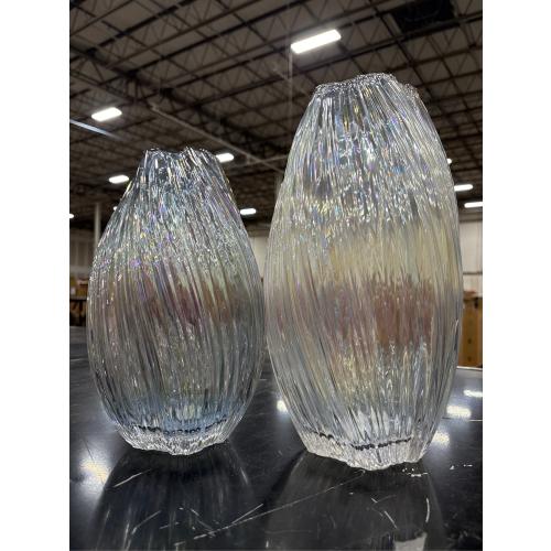 Set of two Vintage Style Iridescent Swirled Glass Vase Rainbow large and medium Opalescent Ribbed Round Bubble