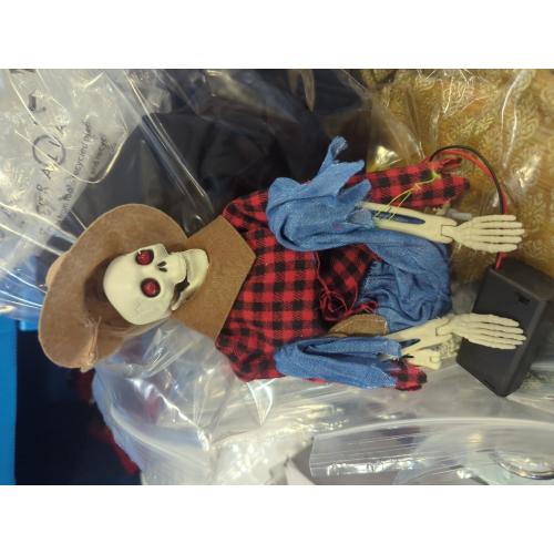 Color Red and yellow plaid Halloween Banjo Playing Skeletons - Dueling Poseable Skeletons with Light, Red & Yellow