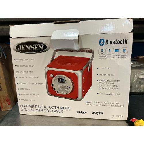 Jensen CD-555RS Red CD Bluetooth Boombox Portable Bluetooth Music System with CD Player  CD-R/RW & FM Radio with Aux-in & Headphone Jack Line-in Limited Edition- (Red)