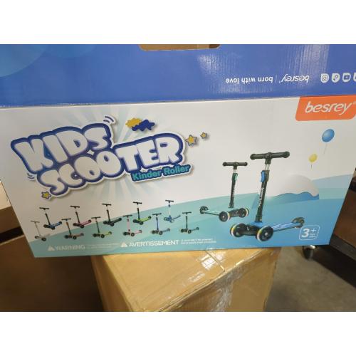 Blue and Black Besrey Kick Scooter for Kids Ages 3-10, 3-Wheel Folding Scooter with Adjustable Height, LED Light Wheels, Extra Wide Deck for Outdoor Activities