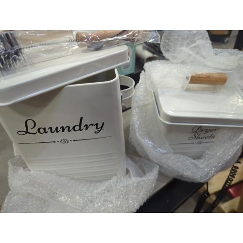 Farmhouse Metal Laundry Pods Container with Dryer Sheet Holder for Organization and Storage, Laundry Room Decor - Holds 156 Pods and 300 Sheets (White)