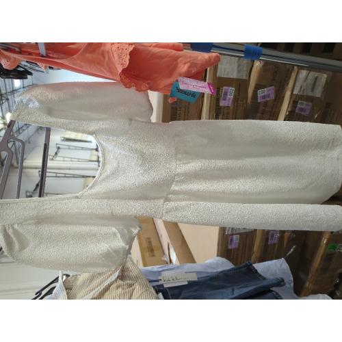 OFEEFAN Women Puff Sleeve Square Neck Tie in Back Dresses with Zipper. Off white/ size small