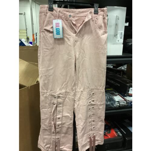 Kawaii Gothic Casual Style High Waisted Straight Wide Leg Ribbons Trim Pink Denim Pants XL or 32-4