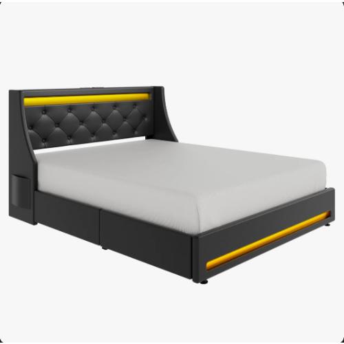Full Upholstered Platform Bed Frame with Wingback Headboard & LED Lights& 4 Storage Drawers Black