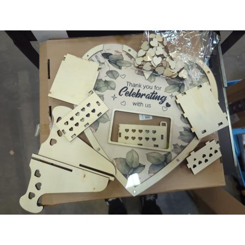 Wooden Wedding Guest Book Alternative with 63 Wood Hearts Chips, Drop Box and Pen Eucalyptus Leaves Theme Heart Picture Frame for Wedding Love Anniversary Ceremony Guestbook (Wood)