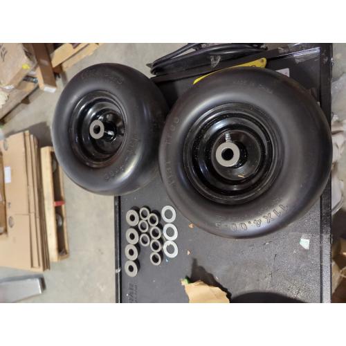 TWO 11x4.00-5 Flat Free Lawn Mower Tires on Wheels, Universal Fit 11x4.00-5 Smooth Tread Tire for Zero Turn Lawn Mowers - with 3/4 Bushings and 3.4-5 Centered Hub - Contain Adapter Kit | Black-2Pcs