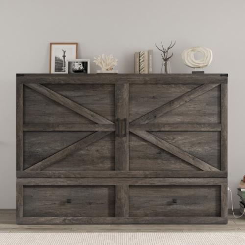 Wilkinson Farmhouse Full Murphy Bed with Large Storage Drawer & Charging Station, Gray