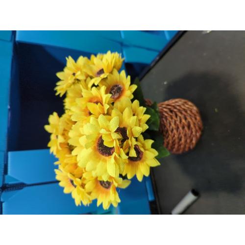 Velener Artificial Silk Sunflower with Rattan Vase Daisy Arrangement, 6 Bunches, 42 Flowers & Stems, Sunflower Bouquet, Handmade Willow, Fake Flowers in Vase for Home Decor, Fall Autumn Decoration