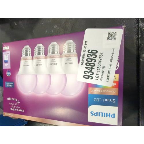 Philips 4pk Smart Wi-Fi 60W Multi-colored LED Light Bulbs A19: E26 Base, Voice Control, Dimmable, Compatible with Alexa, Google, Siri
