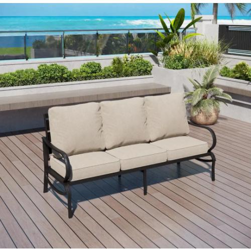 Premium Home Solutions Black Metal Slatted Frame Outdoor Patio 3 Seat Sofa Couch with Beige Cushions