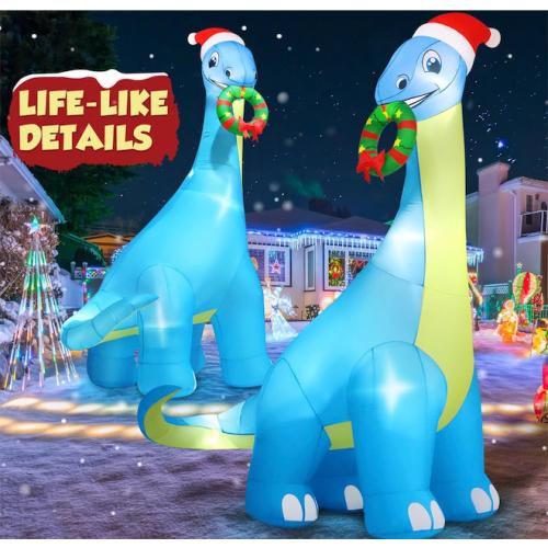 12FT Giant Christmas Inflatables Decoration Dinosaur Built-in Bright LED Lights & Extra Strong Blower Blow Up Yard Decoration Blowups with Large Huge Xmas Wreath Hat for Holiday Party Xmas