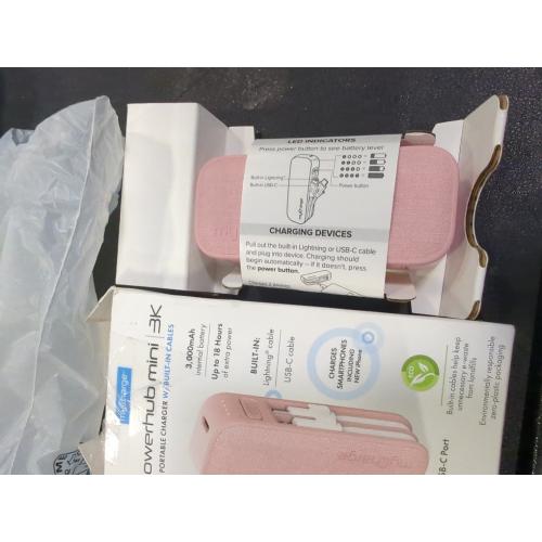 myCharge PowerHub Mini Portable Charger for iPhone - 3000mAh & Built in Cables (Lightning, Type C) 12W Turbo USB C Power Bank Fast Charging Battery Pack (Pink)