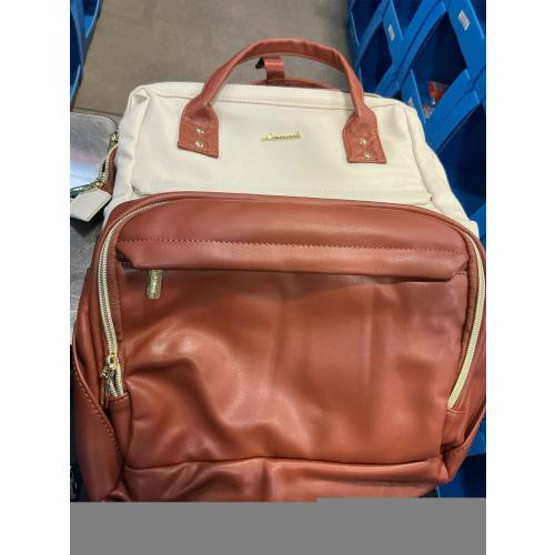 LOVEVOOK Leather Backpack for Women,17 inch Leather Laptop Backpack Women,Professional Work Backpack Nurse College Teacher Bag,Womens Laptop Tote Bag Computer Travel Backpack Purse,Beige White-Brown