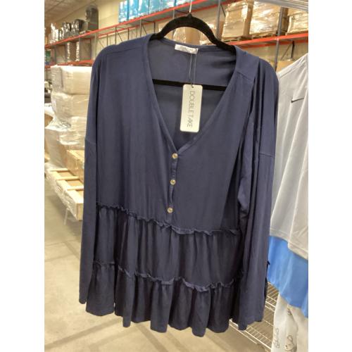 SIZE XLWomen's Casual Blouse Ruffle Layered Half Button Blouse Top Charcoal Lightweight Knit Fabric Long Sleeve Button-Front