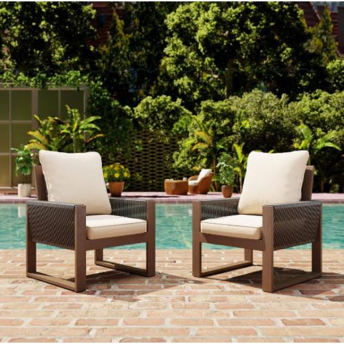 Outdoor Patio Wooden Lounge Chair with Beige Cushions and Square Frame (2-Pack)