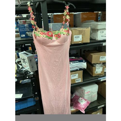 Size S Sexy Satin Spaghetti Strap Floral Embroidered Maxi Dress for Women Sweetheart Neckline Backless Sleeveless Slit Midi Dress