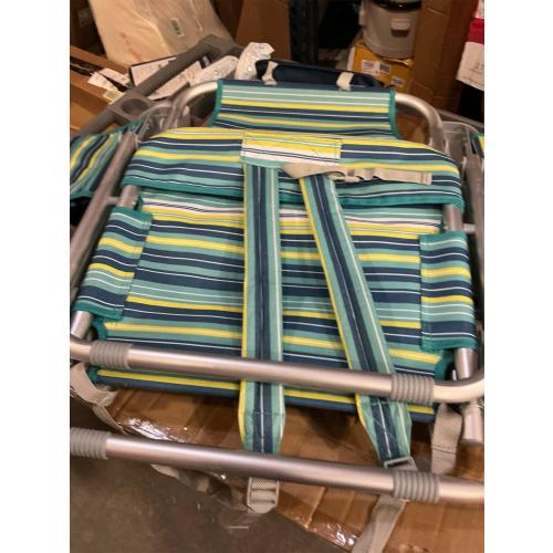 Aluminum Backpack Low Profile Beach Chair - 5-Position Lay Flat Reclining Folding Chair with Removable Cooler Bag - Heavy Duty 330 lbs Capacity, Lightweight Portable Sand Seat - Striped Green‼️has mild scratches ‼️