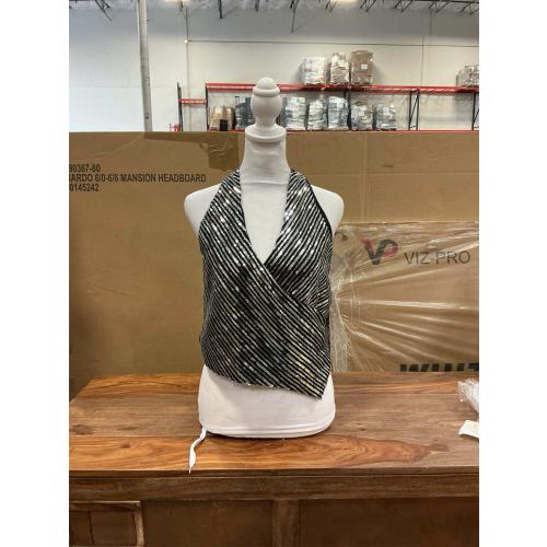 SIZE MEDIUM HAUTE MONDE Women's Sequin Halter Top, Surplice Neck, Open Back,