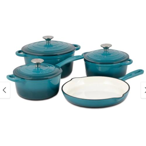 Enameled Cast Iron Cookware Set, 7-Piece Set (Biscay Blue), Nonstick, Oversized Handles, Oven Safe - Blue