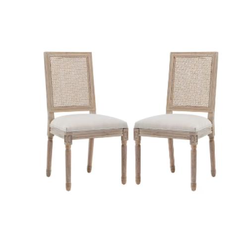 Dining Chairs Set of 2, Farmhouse Dining Chairs with Square Backrest, Upholstered Rattan Dining Chair with Solid Wood Legs Gray