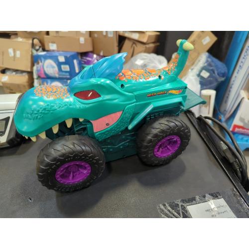 Hot Wheels Monster Trucks Car Chompin' Mega-Wrex, Large Toy Monster Truck & Toy Car, Eats & Poops 1:64 Scale Vehicles, Lights & Sounds