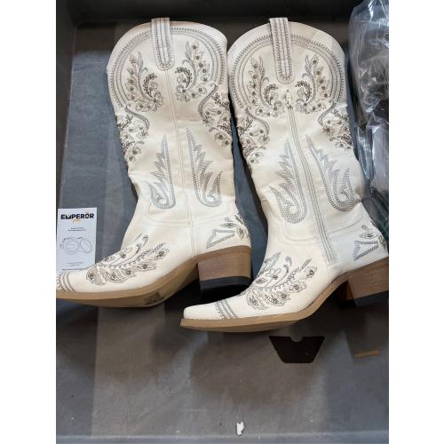 Western Cowboy Boots for Women Embroidered Rhinestones Knee High Cowgirl Boots Pointed Toe Chunky Heel Fashion Retro Classic Tall Boot SIZE 8