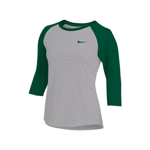 Nike Womens 3/4 Sleeve Raglan Top-grey/dk Green-SMALL