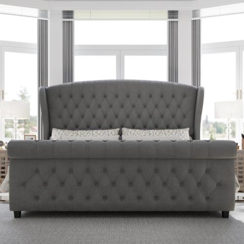 Dulane Chenille / Velvet Upholstered Sleigh Queen Bed with Scroll Wingback Headboard Grey