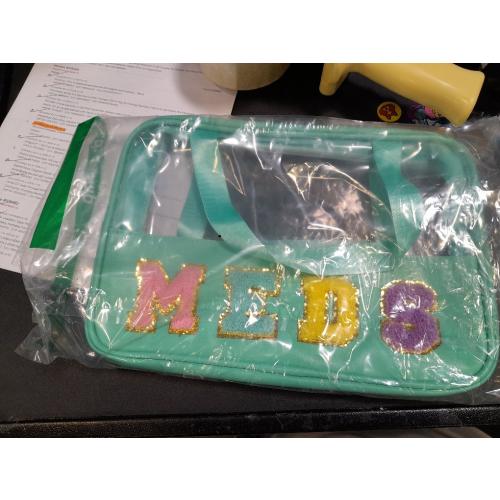 Medicine Bag Chenille Letter Nylon Medicine Bags for Traveling Meds Bag Preppy Patch Makeup Pouch Cosmetic Toiletry Storage Bags for Women (Green-MEDS)