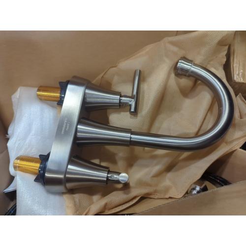 Color Silver Bathroom Faucets for Sink 3 Hole, Hurran 4 inch Brushed Nickel Bathroom Sink Faucet with Pop-up Drain and Supply Lines, Stainless Steel Centerset Faucets for Sink Vanity RV