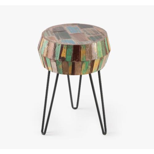 Reclaimed Wood End Table Carving Drum Round Multi Color