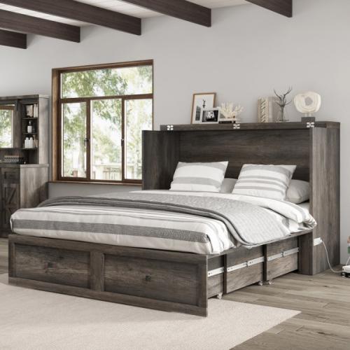 Wilkinson Farmhouse Full Murphy Bed with Large Storage Drawer & Charging Station, Gray