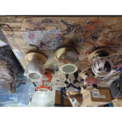 Small Ceramic Succulent Pots - 6 Pack 3 Cartoon Animal Shape Planters Indoor & Outdoor with Drain Holes and Bamboo Tray for Succulents, and Herbs