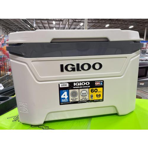Igloo wheeled cooler, heavy duty wheels, 60 quarts, 56 liters.