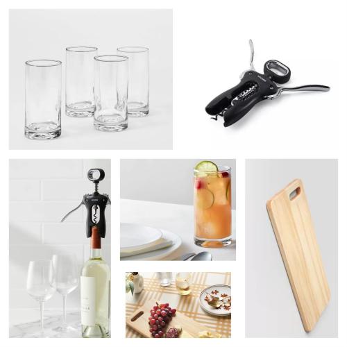 16.8 Fl Oz 4pk Glass Telford Tall Tumblers - Threshold & 7.01x15.98 Rubberwood Rectangle Serving Board Brown - Threshold & Houdini Winged Corkscrew: Manual Wine & Bottle Opener,